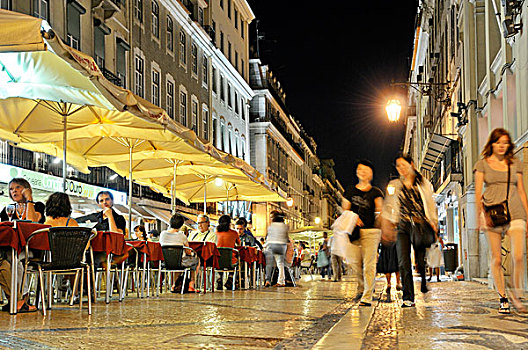 街道,餐馆,旅游,夜晚,行人,购物,英里,地区,里斯本,葡萄牙,欧洲