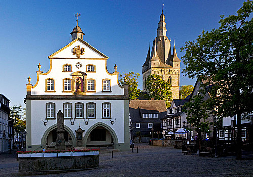 喷泉,马尔克特广场,市政厅,教区教堂,地区,北莱茵威斯特伐利亚,德国,欧洲