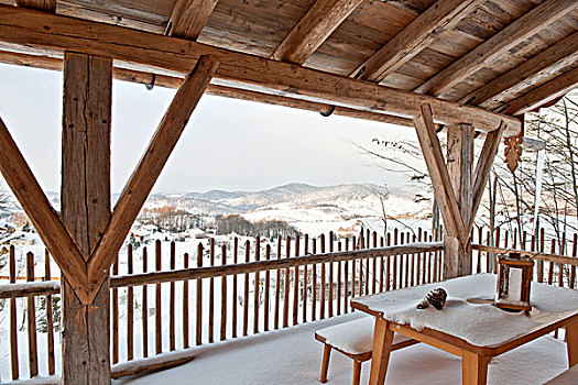 木家具,雪,屋顶,平台,山景
