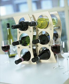 瓶子,红色,白色,葡萄酒,酒架,葡萄酒杯