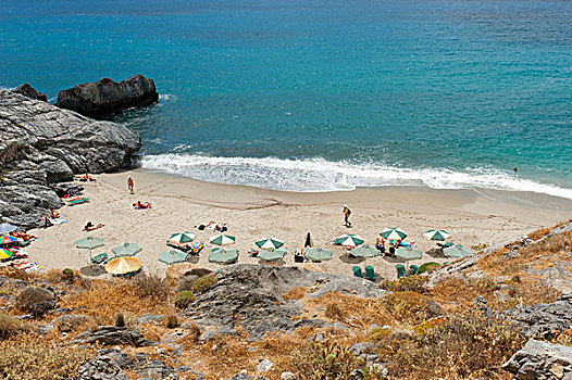 浴,沙滩,伞,海滩,靠近,克里特岛,利比亚,海洋,希腊,欧洲