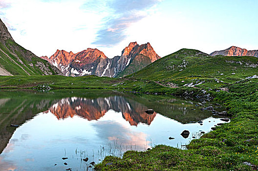 山,反射,湖,山脉全景,早晨,亮光,阿尔卑斯山,提洛尔,奥地利,欧洲