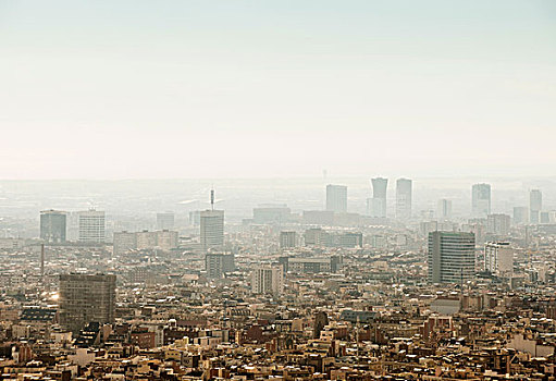 朦胧,城市,风景,摩天大楼,巴塞罗那,西班牙