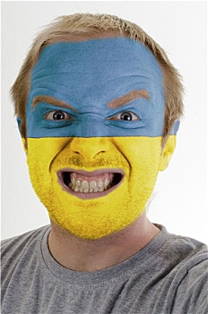 脸,疯狂,愤怒,男人,涂绘,彩色,乌克兰,旗帜
