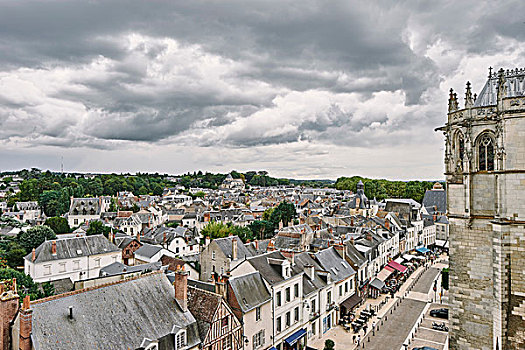俯拍,教堂,屋顶,城市,昂布瓦斯,卢瓦尔河谷,法国