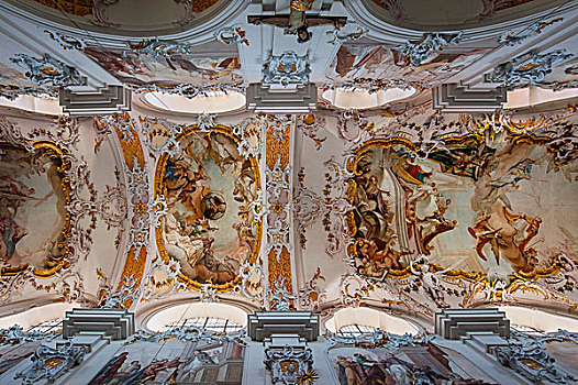 天花板,壁画,寺院,市场,上巴伐利亚,巴伐利亚,德国,欧洲