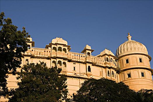 建筑,城市宫殿,早晨,乌代浦尔,拉贾斯坦邦,印度