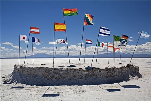 旗帜,风,盐,酒店,普拉亚布兰卡,高原,盐湖,乌尤尼,玻利维亚,南美