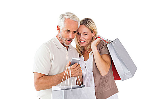 幸福伴侣,拿着,购物袋,智能手机