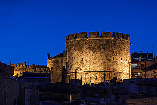 希腊,中马其顿,塞萨洛尼基,俯视图,城镇,城墙,棱堡,晚间