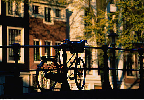 剪影,自行车,栏杆,阿姆斯特丹,荷兰