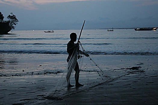 捕鱼者,准备,网,日落,海滩