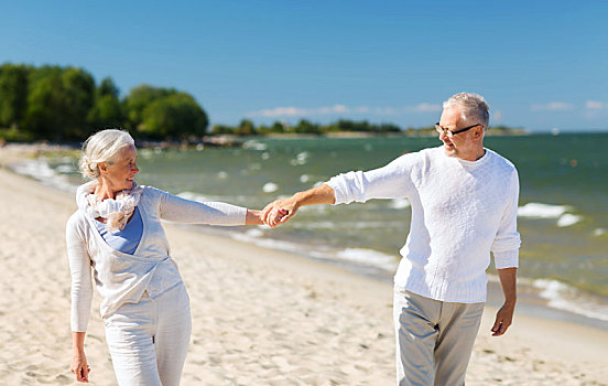 高兴,老年,夫妻,握手,夏天,海滩
