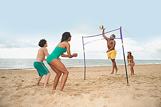 朋友,玩,排球,海滩