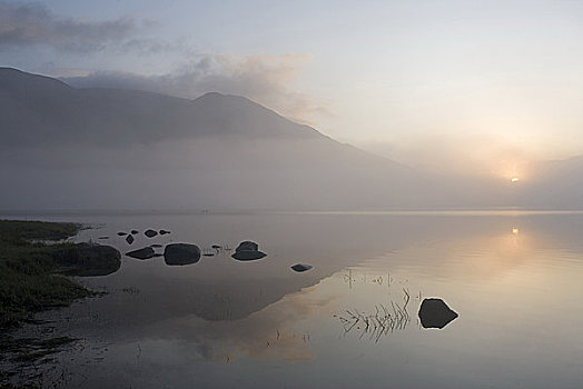 英格兰,坎布里亚,早晨,薄雾,上方,湖,湖区