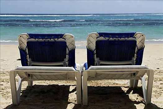 两个,海滩,躺椅,正面,加勒比海,牙买加,中美洲