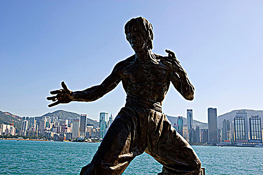 李小龙,雕塑,星光大道,铜锣湾,天际线,背景,香港