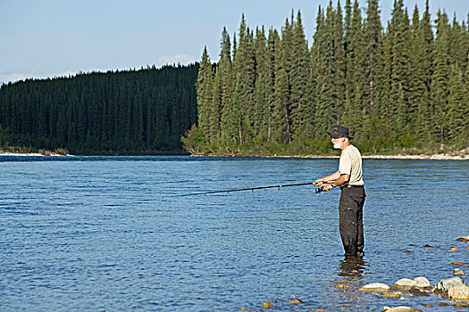 男人,捕鱼,河,站立,浅,水,夜光,育空地区,加拿大