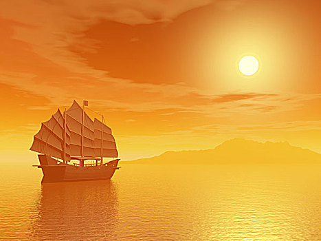 东方,帆船,日落