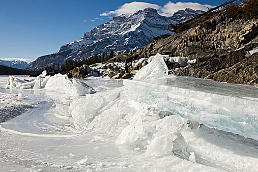 冰层,冰冻,湖,海岸线,山峦,背景,蓝天,艾伯塔省,加拿大