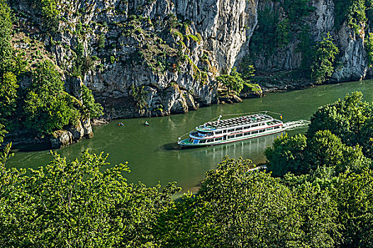 游船,多瑙河,峡谷,克尔海姆,下巴伐利亚,巴伐利亚,德国,欧洲