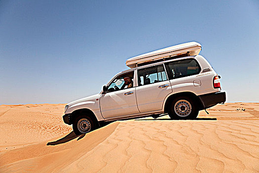 阿曼,瓦希伯沙漠,四驱车,上方,沙丘,太阳