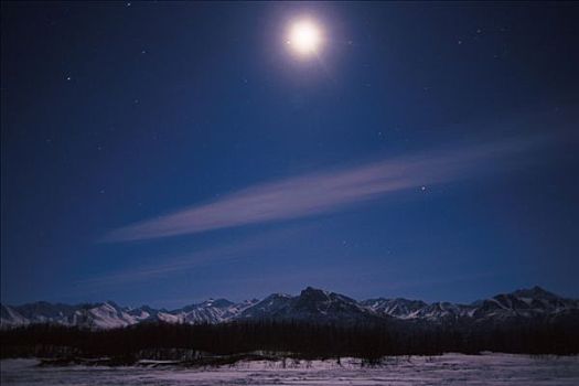 月亮,上方,楚加奇山,阿拉斯加,冬天,景色