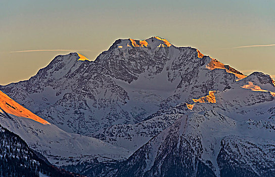 落日,雪,顶峰,贝特默阿尔卑,瓦莱,瑞士,欧洲