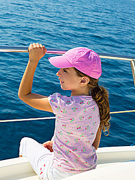 孩子,高兴,女孩,航行,船,蓝色海洋,海洋