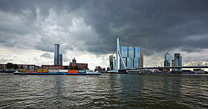 鹿特丹,天际线,风景,水,现代建筑,区域,桥,雷雨天气