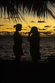 女孩,海滩,日落,岛屿,基里巴斯,密克罗尼西亚
