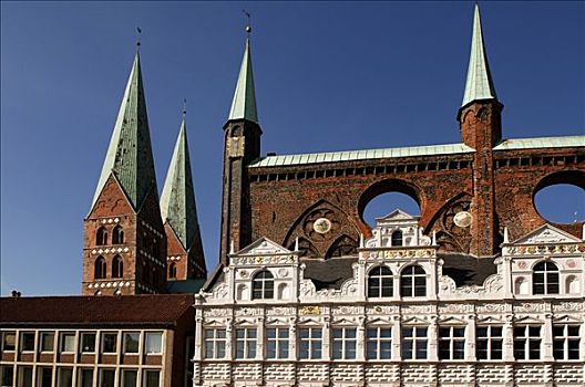 历史,建筑,市政厅,旁侧,教堂,石荷州,德国,欧洲
