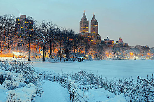 中央公园,冬天,夜晚,摩天大楼,曼哈顿中城,纽约