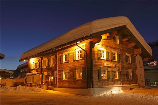 餐馆,积雪,木屋,奥地利,欧洲