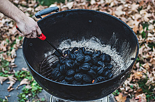 点燃,炭烤架,秋叶,背景,烹调,秋天,木碳