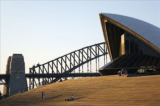 澳大利亚,新南威尔士,悉尼,黃昏,亮光,颜料,台阶,悉尼歌剧院,背景,海港大桥
