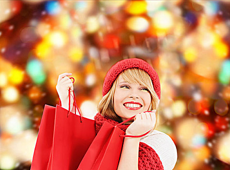 高兴,寒假,圣诞节,人,概念,微笑,少妇,帽子,围巾,购物袋,上方,红灯,背景