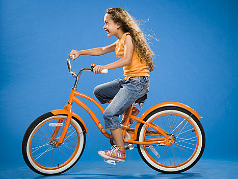 女孩,骑,橙子,自行车,侧面