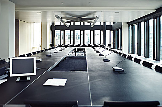 会议区,办公室,会面,会议,室内,商务,设计,灰色,空,无人,麦克风,桌子,会议桌,窗户