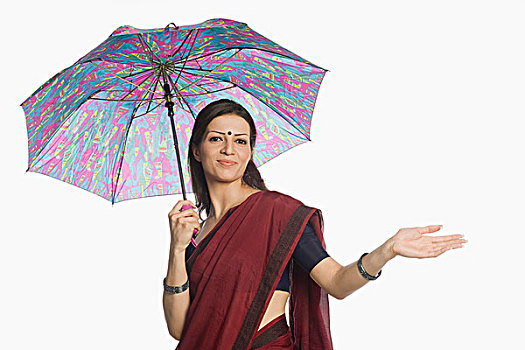 女人,肖像,拿着,伞,手势