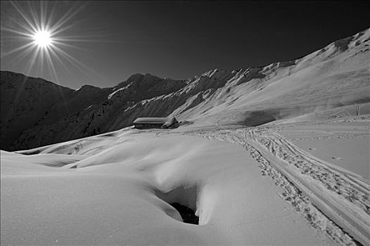 滑雪,小路,阿尔卑斯小屋,雪山,山,山谷,奥地利,欧洲