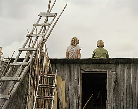 背影,两个,金发,儿童,坐,屋顶,灰色,木质,蔽护,原木,梯子,靠着,八月