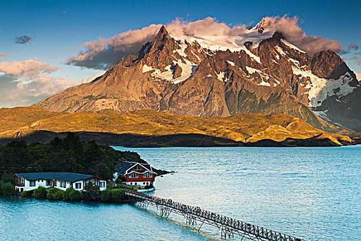 智利,麦哲伦省,区域,托雷德裴恩国家公园,拉哥裴赫湖,俯视图,黎明