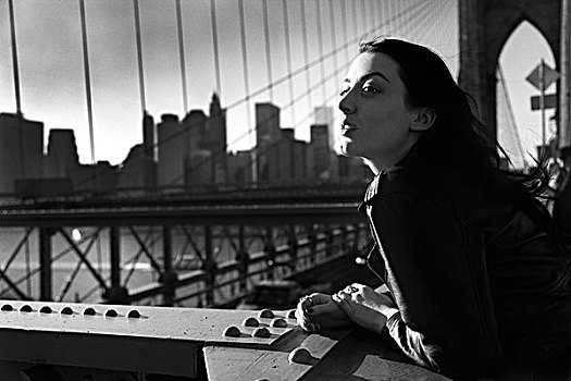 美女,布鲁克林大桥,天际线,远景,纽约,美国,女人,年轻,成年