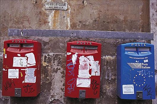 红色,蓝色,邮筒,柱子,罗马,意大利,欧洲