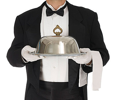 侍者,躯干,拿着,银色托盘,餐饮,圆顶,白色背景