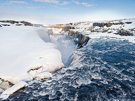 航拍,雪景,峡谷,落下,水,大量,瀑布,冬天,北方,冰岛,欧洲