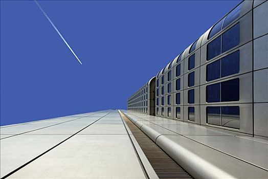 摩天大楼,金融区,凝结尾迹,空中,法兰克福,黑森州,德国,欧洲