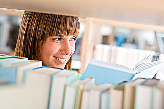 学生,图书馆,高兴,女人,学习,书本,站立,书架