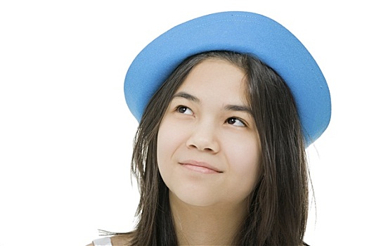 孩子,少女,蓝色,帽子,思想,表情,隔绝,白色背景